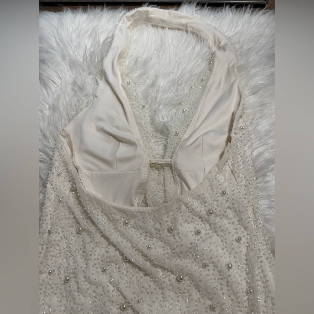 Oh Polly Pearl Beaded Halter Mini Dress Ivory Plunge Cowl Neck UK 8 US 4 - Picture 6 of 7